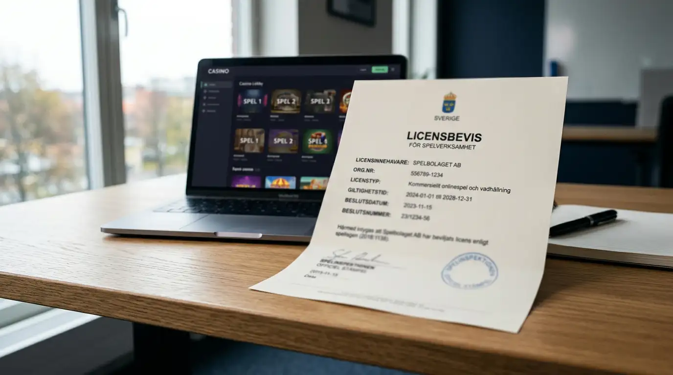 Casino utan spelpaus 2026 — licensdokument och laptop med spelplattform